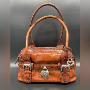 Brighton Tan Crocodile Embossed Leather Vintage Shoulder Bag with Heart Accents